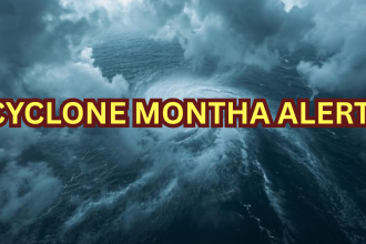 Cyclone Montha approaching Bay of Bengal with storm clouds over the ocean, warning issued for Andhra Pradesh, Odisha, and Tamil Nadu — Cyclone Montha Alert
