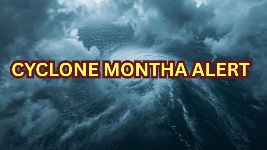 Cyclone Montha approaching Bay of Bengal with storm clouds over the ocean, warning issued for Andhra Pradesh, Odisha, and Tamil Nadu — Cyclone Montha Alert